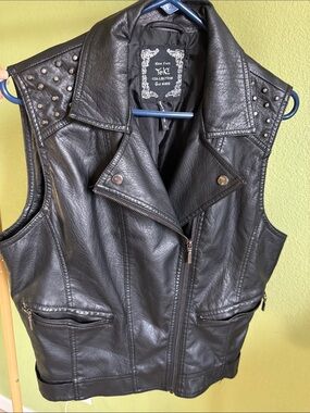 NYC YOKI Collection Studded Faux Leather Moto Vest - Black